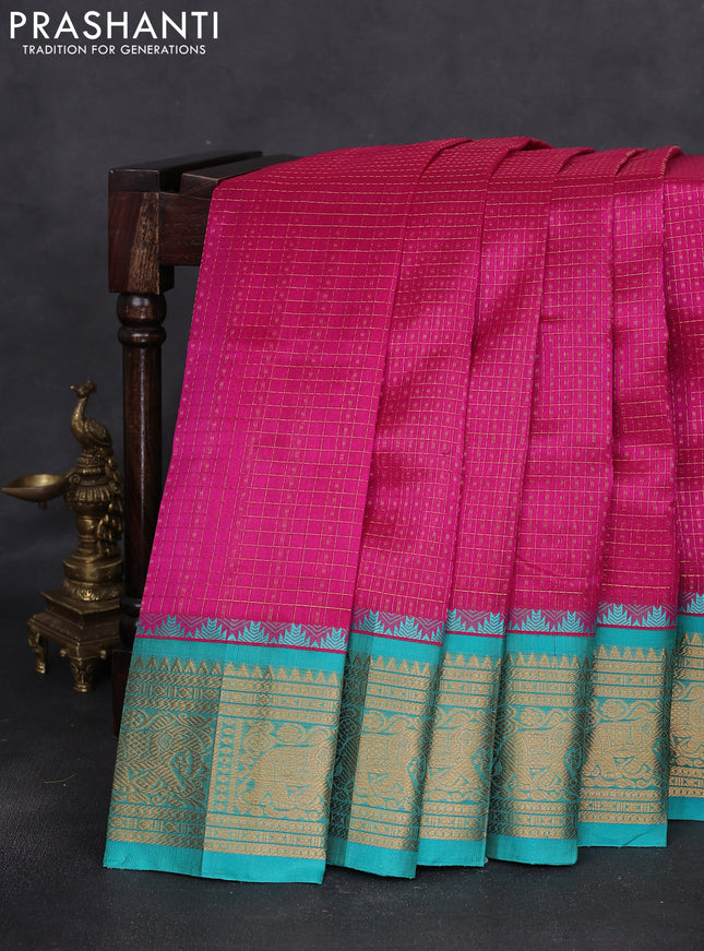 Kuppadam silk cotton saree pink and teal green with allover lakshadeepam weaves and temple design zari woven border