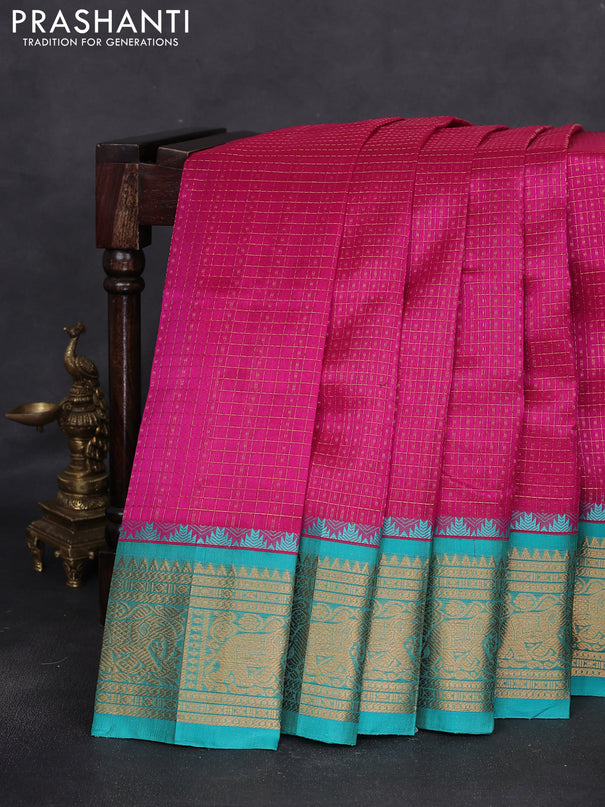 Kuppadam silk cotton saree pink and teal green with allover lakshadeepam weaves and temple design zari woven border