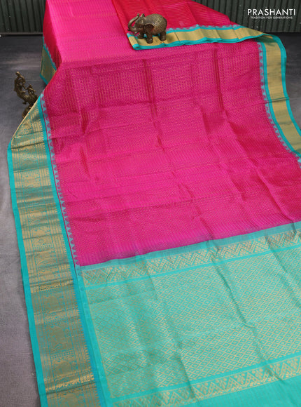 Kuppadam silk cotton saree pink and teal green with allover lakshadeepam weaves and temple design zari woven border