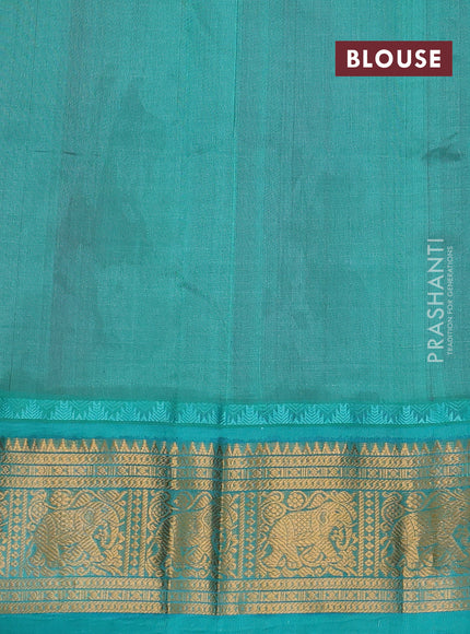 Kuppadam silk cotton saree pink and teal green with allover lakshadeepam weaves and temple design zari woven border