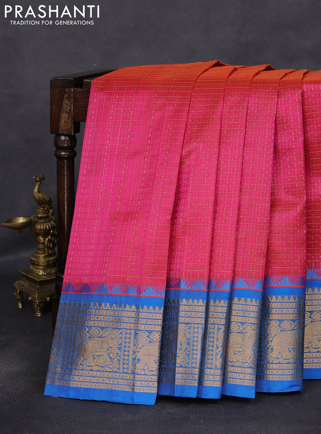 Kuppadam silk cotton saree dual shade of pink and cs blue with allover lakshadeepam weaves and temple design zari woven border