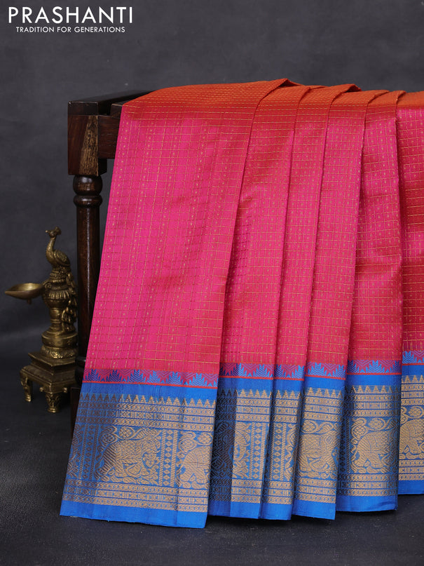 Kuppadam silk cotton saree dual shade of pink and cs blue with allover lakshadeepam weaves and temple design zari woven border