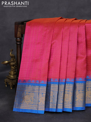 Kuppadam silk cotton saree dual shade of pink and cs blue with allover lakshadeepam weaves and temple design zari woven border