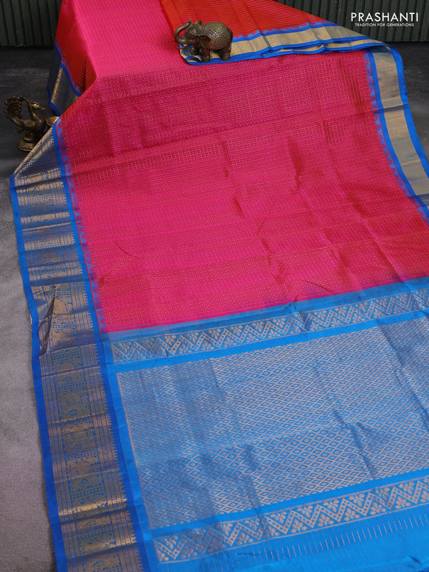 Kuppadam silk cotton saree dual shade of pink and cs blue with allover lakshadeepam weaves and temple design zari woven border