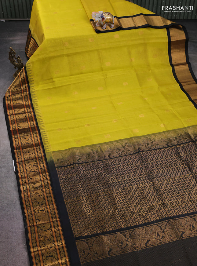 Kuppadam silk cotton saree lime yellow and black with allover vairosi pattern & zari buttas and temple design zari woven border