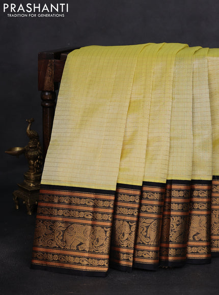 Kuppadam silk cotton saree lime yellow and black with allover zari woven checked pattern and long zari woven border