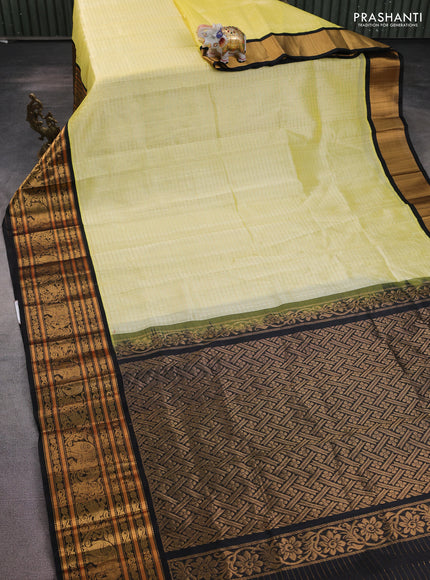 Kuppadam silk cotton saree lime yellow and black with allover zari woven checked pattern and long zari woven border