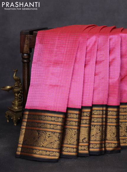 Kuppadam silk cotton saree candy pink and black with allover zari woven checked pattern and long zari woven border