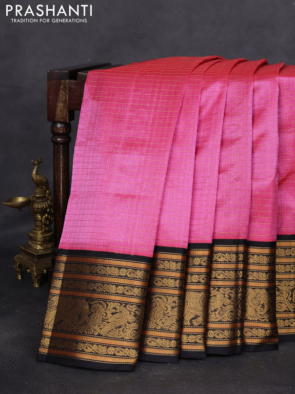 Kuppadam silk cotton saree candy pink and black with allover zari woven checked pattern and long zari woven border