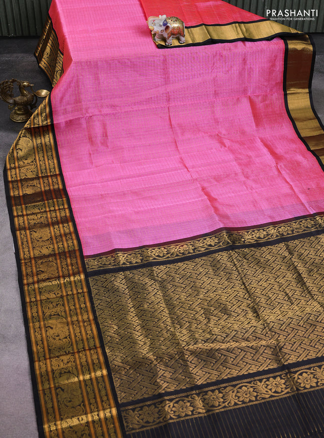 Kuppadam silk cotton saree candy pink and black with allover zari woven checked pattern and long zari woven border