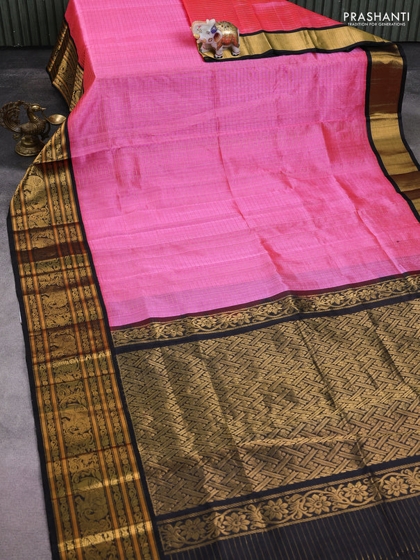Kuppadam silk cotton saree candy pink and black with allover zari woven checked pattern and long zari woven border