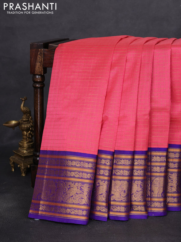 Kuppadam silk cotton saree peach pink and violet with allover zari woven checked pattern and long zari woven border
