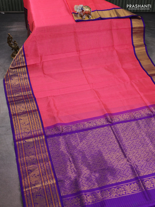 Kuppadam silk cotton saree peach pink and violet with allover zari woven checked pattern and long zari woven border
