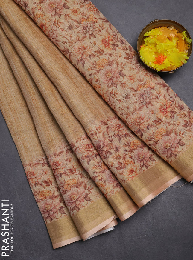 Linen cotton saree sandal with plain body and floral printed border