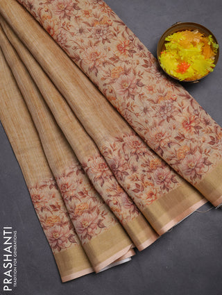 Linen cotton saree sandal with plain body and floral printed border