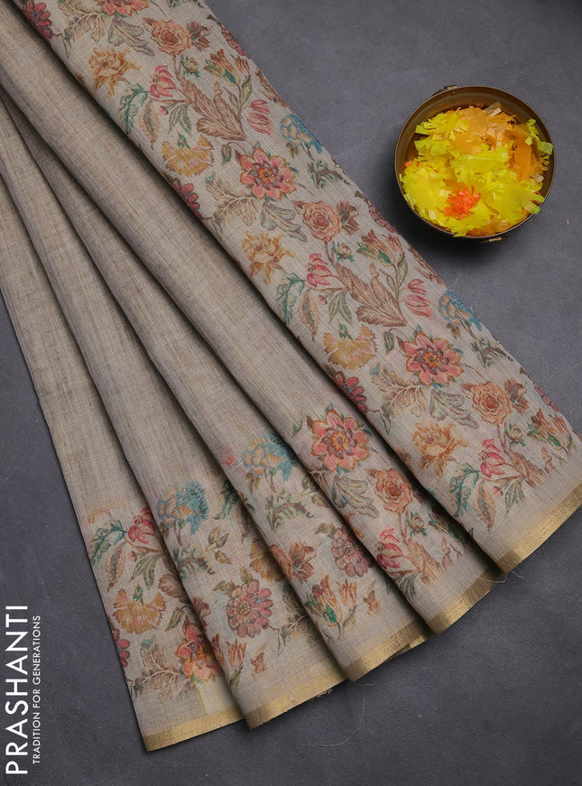 Linen cotton saree beige with plain body and floral printed border