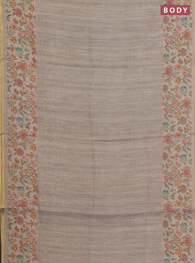 Linen cotton saree beige with plain body and floral printed border