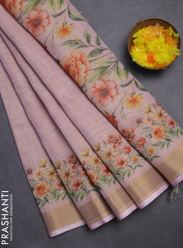 Linen cotton saree pastel pink with plain body and floral printed border