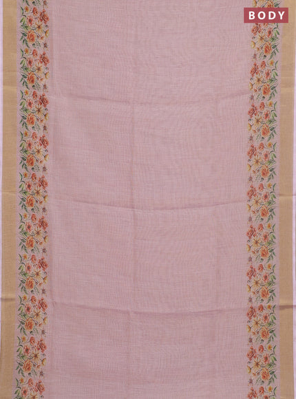 Linen cotton saree pastel pink with plain body and floral printed border
