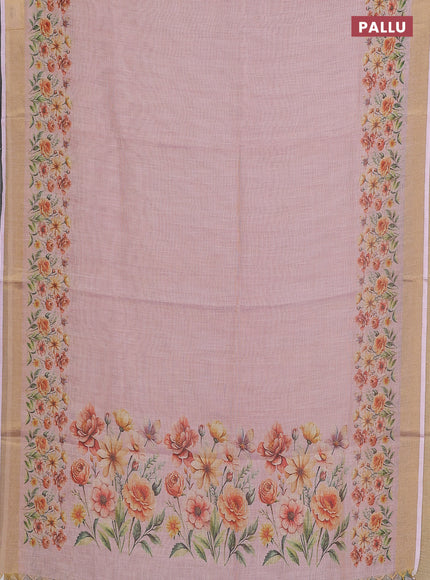 Linen cotton saree pastel pink with plain body and floral printed border
