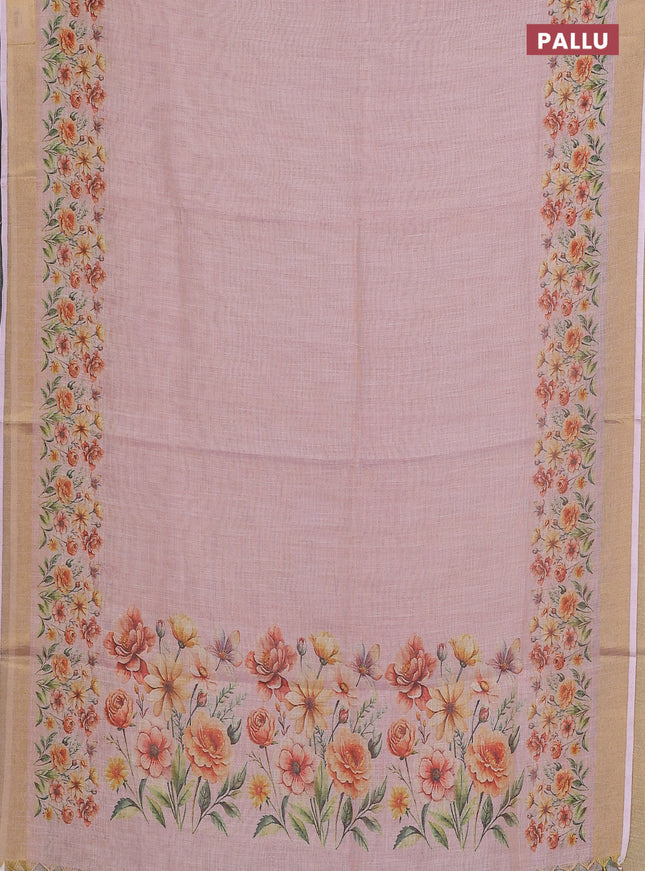Linen cotton saree pastel pink with plain body and floral printed border