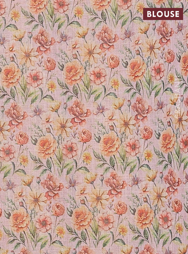 Linen cotton saree pastel pink with plain body and floral printed border