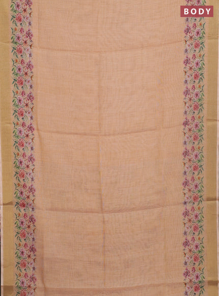 Linen cotton saree pale orange with plain body and floral printed border