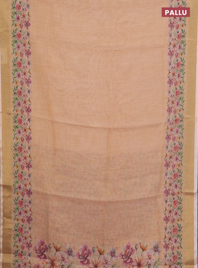Linen cotton saree pale orange with plain body and floral printed border