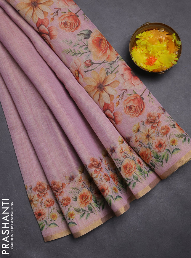 Linen cotton saree lotus pink with plain body and floral printed border