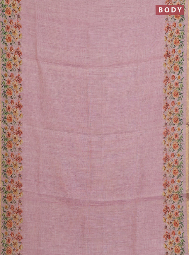 Linen cotton saree lotus pink with plain body and floral printed border