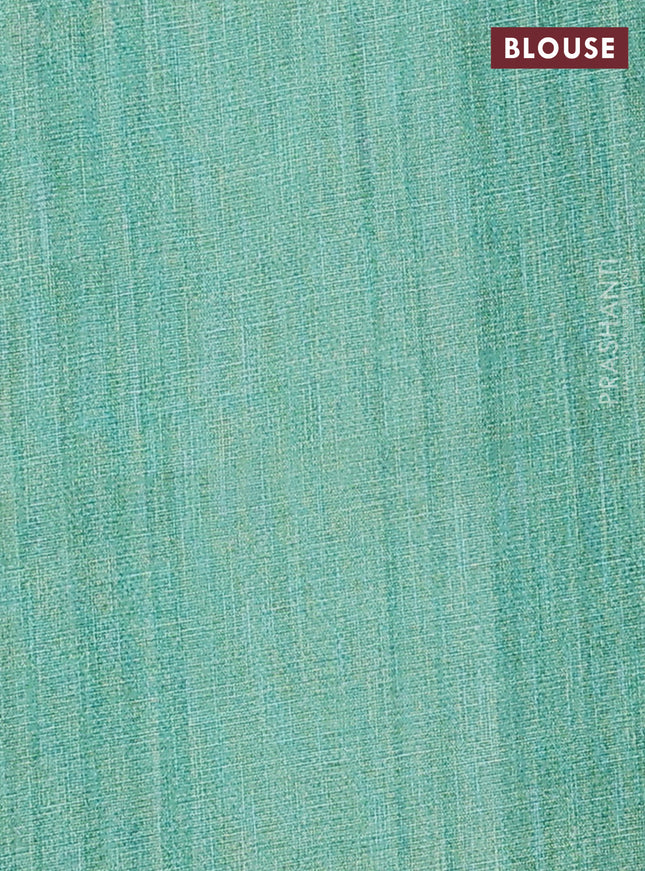 Linen cotton saree teal green with allover prints and zari woven piping border