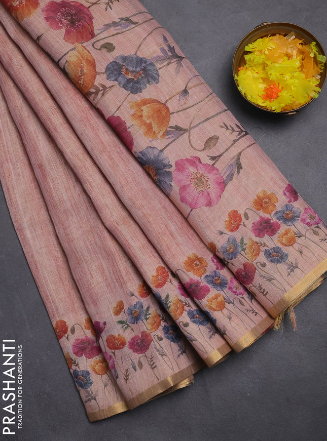 Linen cotton saree peach shade with plain body and digital printed border