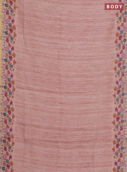 Linen cotton saree peach shade with plain body and digital printed border