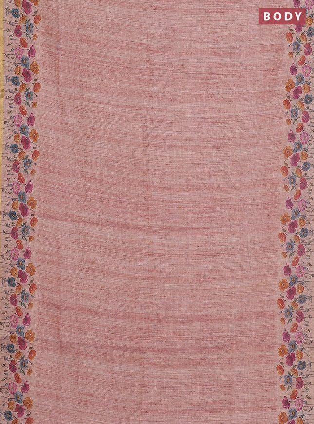 Linen cotton saree peach shade with plain body and digital printed border