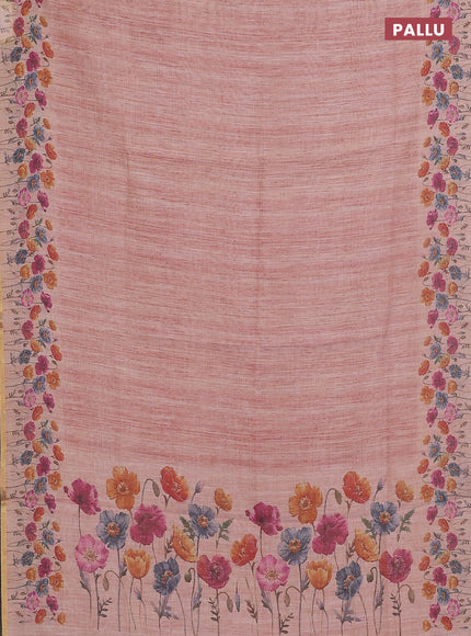 Linen cotton saree peach shade with plain body and digital printed border