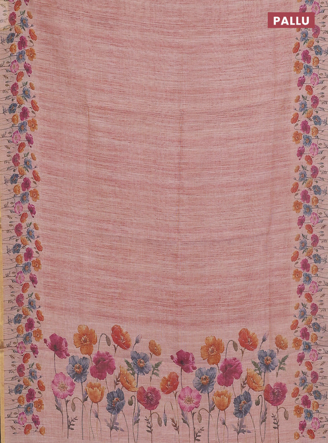Linen cotton saree peach shade with plain body and digital printed border