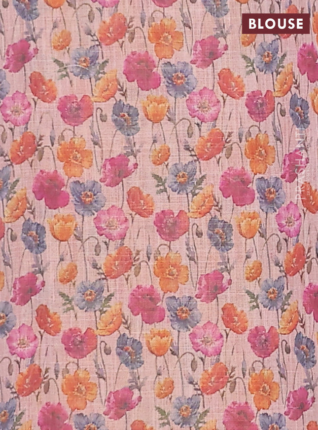 Linen cotton saree peach shade with plain body and digital printed border