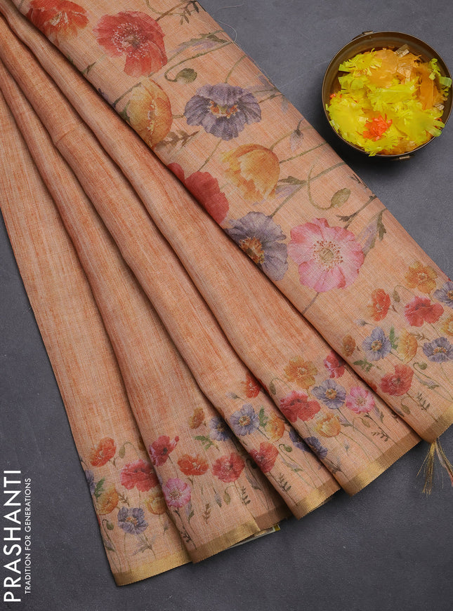 Linen cotton saree orange with plain body and digital printed border