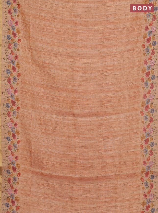 Linen cotton saree orange with plain body and digital printed border
