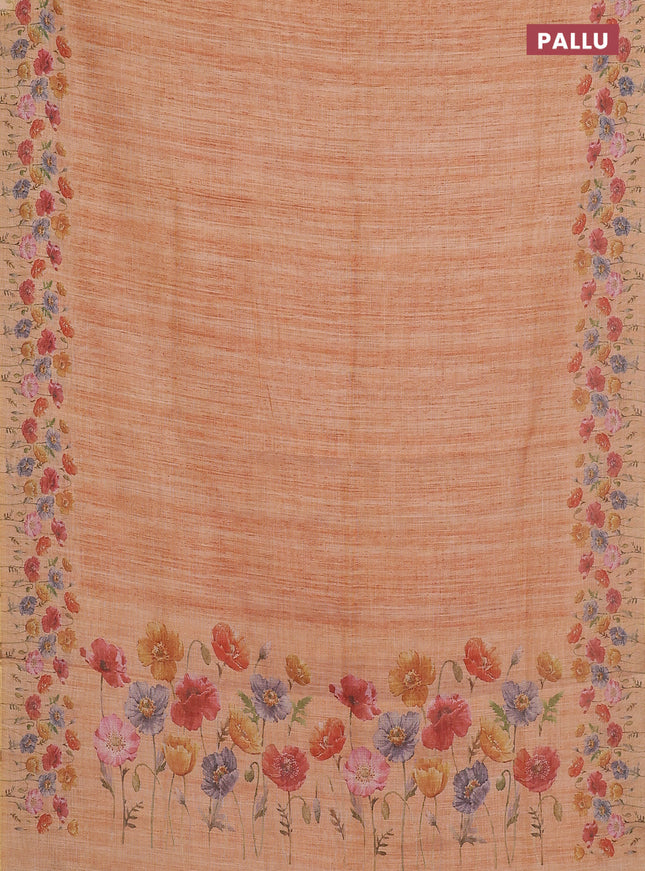 Linen cotton saree orange with plain body and digital printed border