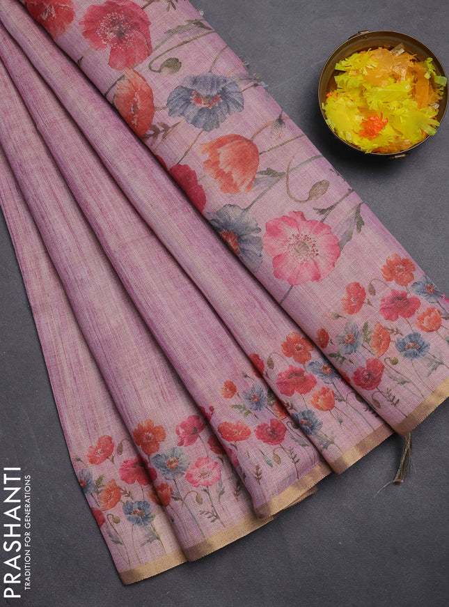 Linen cotton saree pink shade with plain body and digital printed border