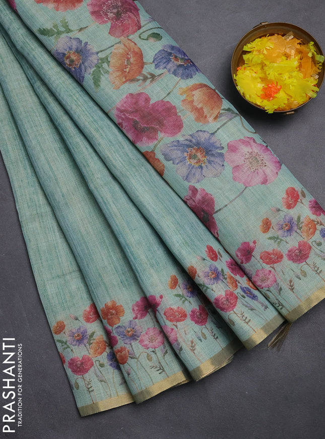 Linen cotton saree teal blue with plain body and digital printed border