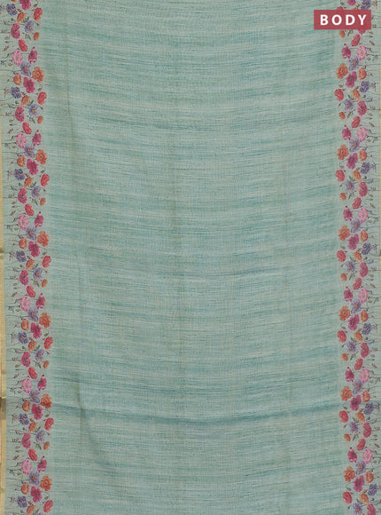 Linen cotton saree teal blue with plain body and digital printed border