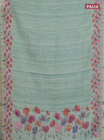 Linen cotton saree teal blue with plain body and digital printed border