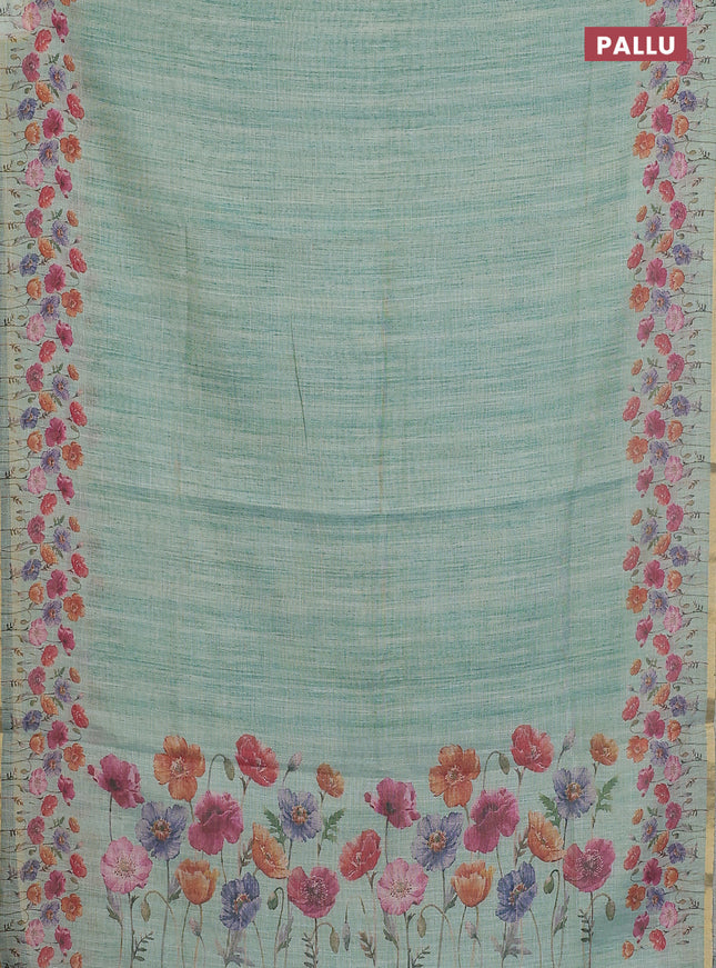 Linen cotton saree teal blue with plain body and digital printed border