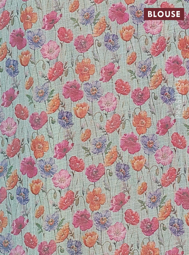 Linen cotton saree teal blue with plain body and digital printed border