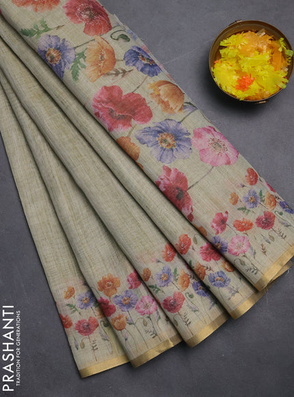 Linen cotton saree elaichi green with plain body and digital printed border