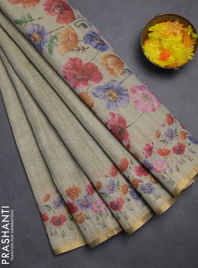 Linen cotton saree elaichi green with plain body and digital printed border