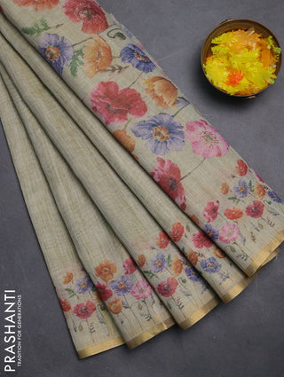Linen cotton saree elaichi green with plain body and digital printed border