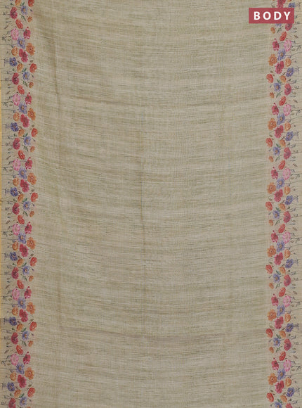 Linen cotton saree elaichi green with plain body and digital printed border